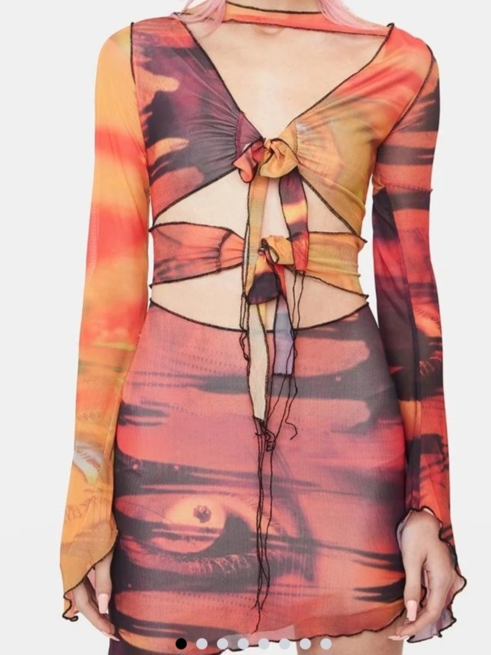Jaded London Sunset Tie-Front Cutout Mesh Mini Dress in Orange & Pink